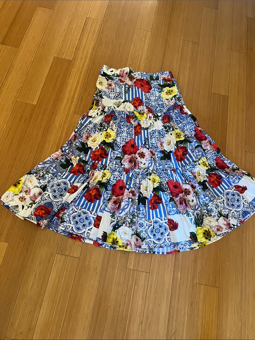 Boston Proper Red, Blue & Green Tile Floral Skirt